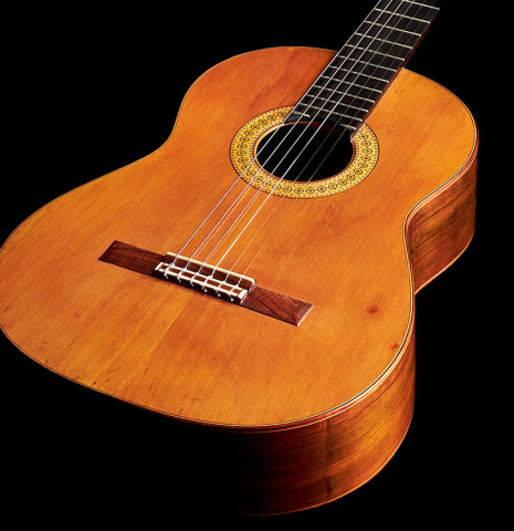 The front of a 1978 Robert Mattingly classical guitar made of cedar and CSA rosewood