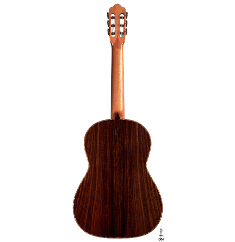 The back of a 2021 Claudio Meneghelli  "Hommage to Jose Romanillos" classical guitar made with spruce and Indian rosewood