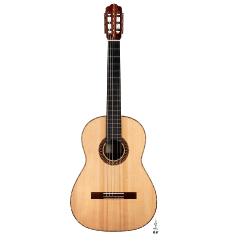 The front of a 2021 Claudio Meneghelli  "Hommage to Jose Romanillos" classical guitar made with spruce and Indian rosewood