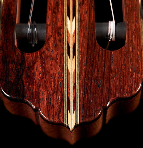 The headstock inlay of a 2021 Claudio Meneghelli  "Hommage to Jose Romanillos" classical guitar made with spruce and Indian rosewood