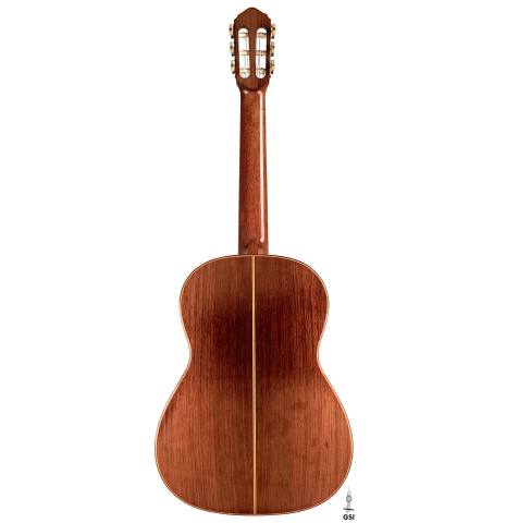 The back of a 1953 Edgar Monch classical guitar made with spruce and Indian rosewood.