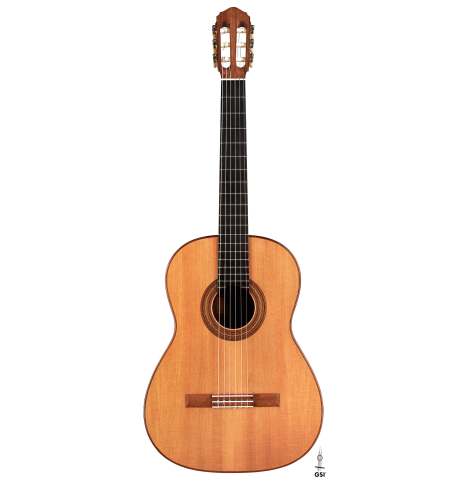 The front of a 1953 Edgar Monch classical guitar made with spruce and Indian rosewood.