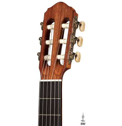 The headstock of a 1953 Edgar Monch classical guitar made with spruce and Indian rosewood.