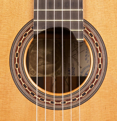 This is the rosette of a 2002 Rafael Moreno Rodriguez "Sueno" classical guitar made with cedar and CSA rosewood