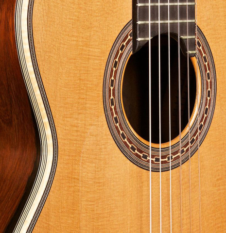 This is the soundboard and side of a 2002 Rafael Moreno Rodriguez "Sueno" classical guitar made with cedar and CSA rosewood