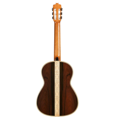 This is the back of a 2002 Rafael Moreno Rodriguez "Sueno" classical guitar made with cedar and CSA rosewood