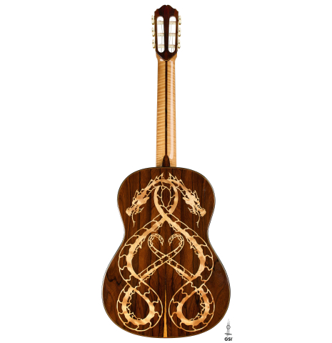The back of a 2002 Matthew Morello classical guitar made of spruce and ziricote