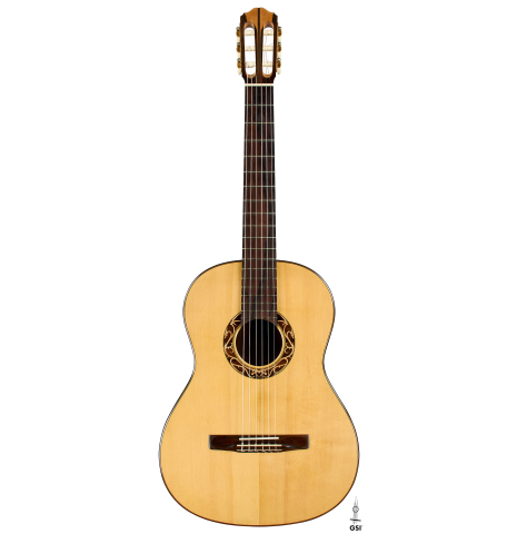 The front of a 2002 Matthew Morello classical guitar made of spruce and ziricote