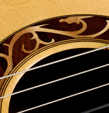 The rosette detail of a 2002 Matthew Morello classical guitar made of spruce and ziricote