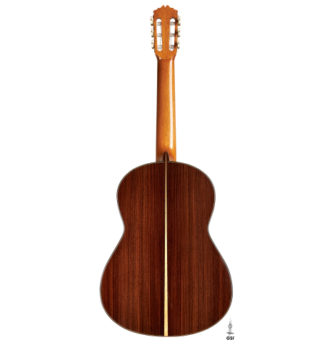 The back of a 2023 Fernando Moreno classical guitar made of spruce and Indian rosewood
