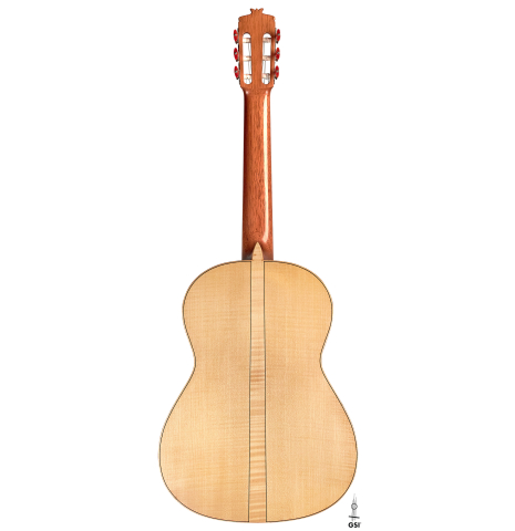 The back of a 2011 Rafael Moreno Rodriguez classical guitar made of spruce and maple