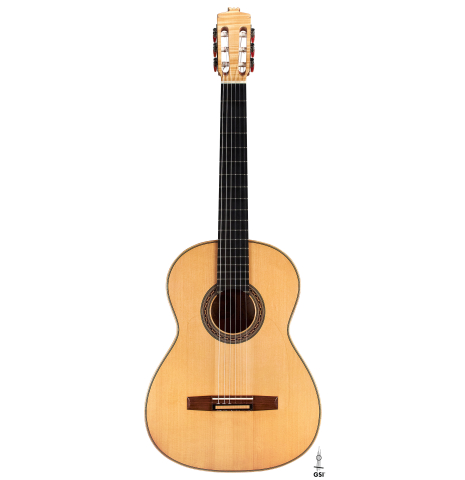 The front of a 2011 Rafael Moreno Rodriguez classical guitar made of spruce and maple