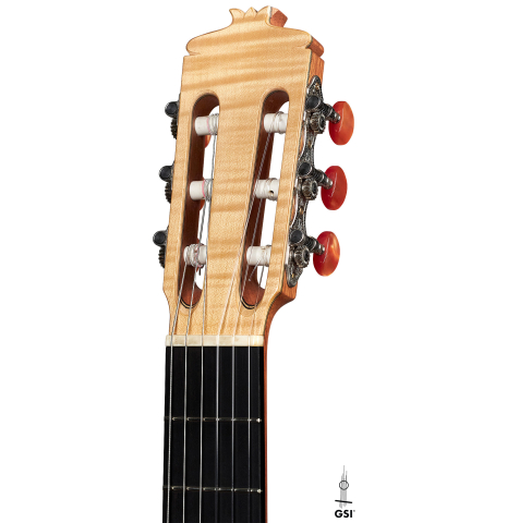 The headstock of a 2011 Rafael Moreno Rodriguez classical guitar made of spruce and maple