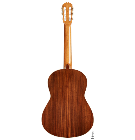 The back of a 2017 Fernando Moreno classical guitar made of cedar and Indian rosewood