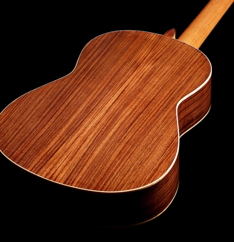 The back and sides of a 2017 Fernando Moreno classical guitar made of cedar and Indian rosewood