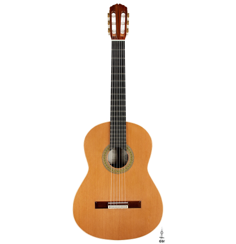The front of a 2017 Fernando Moreno classical guitar made of cedar and Indian rosewood