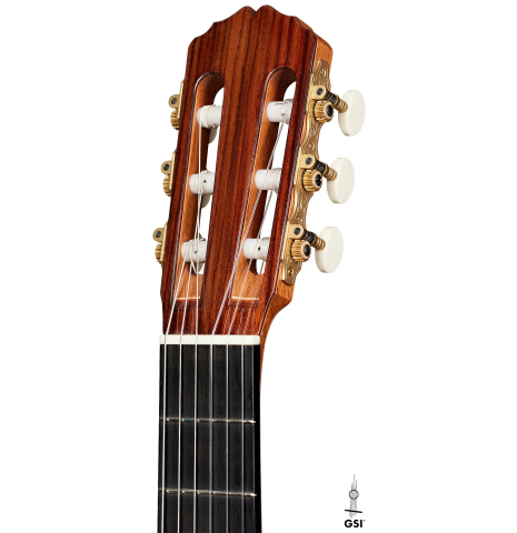 The headstock of a 2017 Fernando Moreno classical guitar made of cedar and Indian rosewood