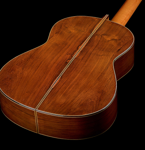The back and sides of a 2026 Fernando Moreno classical guitar made of spruce and African rosewood