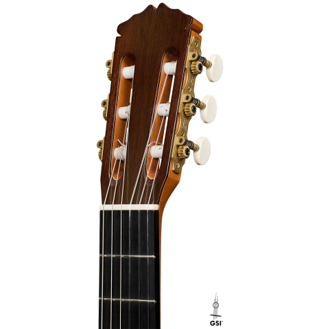 The headstock of a 2026 Fernando Moreno classical guitar made of spruce and African rosewood
