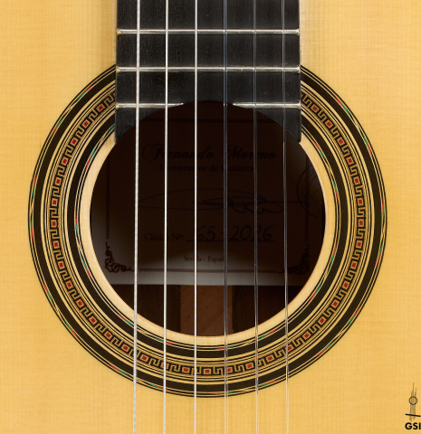 The rosette of a 2026 Fernando Moreno classical guitar made of spruce and African rosewood