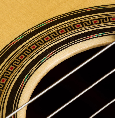 The soundboard and rosette detail of a 2026 Fernando Moreno classical guitar made of spruce and African rosewood