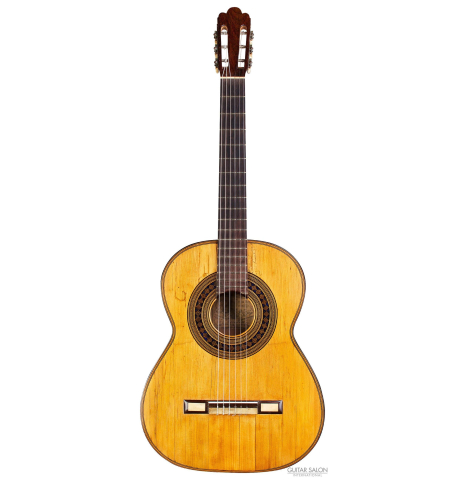 The front of a 1894 Hijos de Melchor de Moya guitar made of spruce and maple