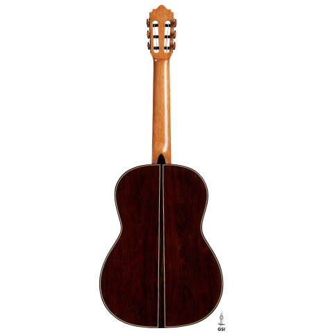 The back of a 2025 Oscar Munoz classical guitar made of cedar and African rosewood