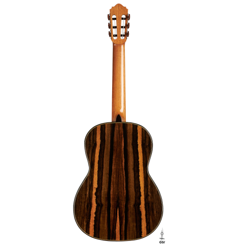 The back of a 2024 Oscar Munoz classical guitar made of spruce and Makassar ebony