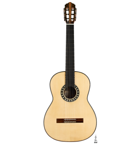 The front of a 2024 Oscar Munoz classical guitar made of spruce and Makassar ebony