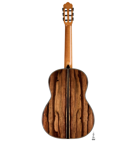 The back of a 2026 Oscar Munoz classical guitar made of spruce and Makassar ebony