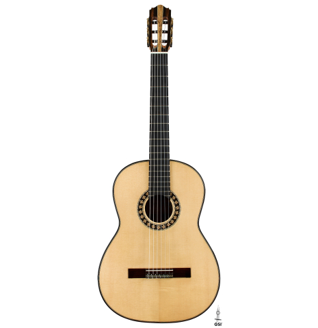 The front of a 2026 Oscar Munoz classical guitar made of spruce and Makassar ebony