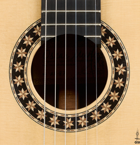The rosette of a 2026 Oscar Munoz classical guitar made of spruce and Makassar ebony
