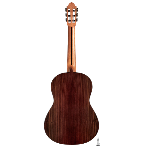 The back of a 2022 Miguel Angel Gutierrez classical guitar made of spruce and Indian rosewood.