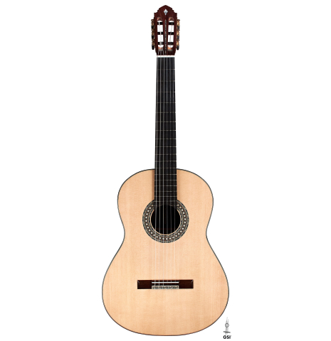 The front of a 2022 Miguel Angel Gutierrez classical guitar made of spruce and Indian rosewood.