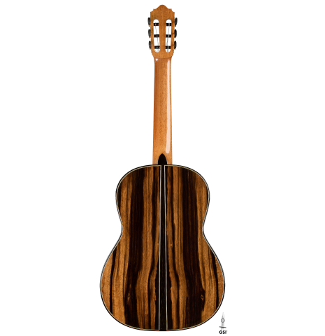 The back of a 2026 Oscar Munoz classical guitar made of cedar and Makassar ebony