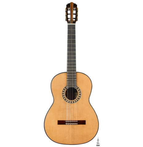 The front of a 2026 Oscar Munoz classical guitar made of cedar and Makassar ebony