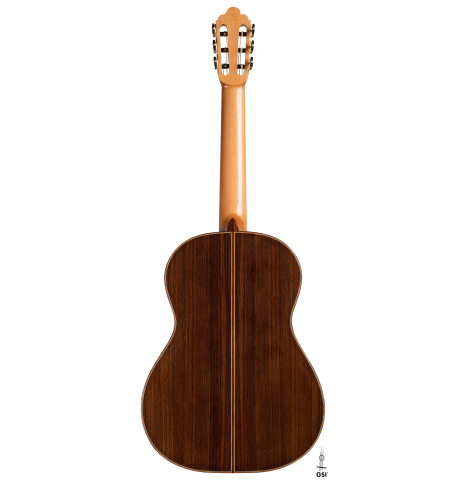 The back of a 2022 Giancarlo Nannoni "Ambrosia" Classical Guitar made of Spruce and Indian rosewood