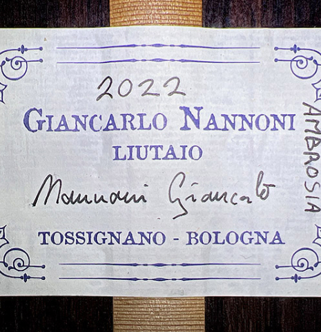 The label of a 2022 Giancarlo Nannoni &quot;Ambrosia&quot; Classical Guitar made of Spruce and Indian rosewood