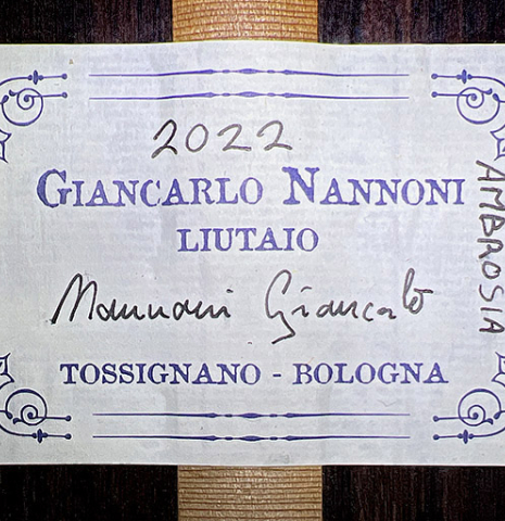 The label of a 2022 Giancarlo Nannoni "Ambrosia" Classical Guitar made of Spruce and Indian rosewood