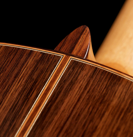 The heel of a 2022 Giancarlo Nannoni &quot;Ambrosia&quot; Classical Guitar made of Spruce and Indian rosewood