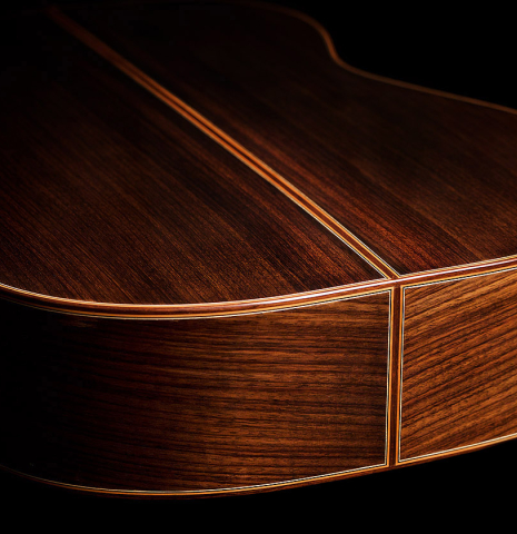 The back and sides of a 2022 Giancarlo Nannoni "Ambrosia" Classical Guitar made of Spruce and Indian rosewood