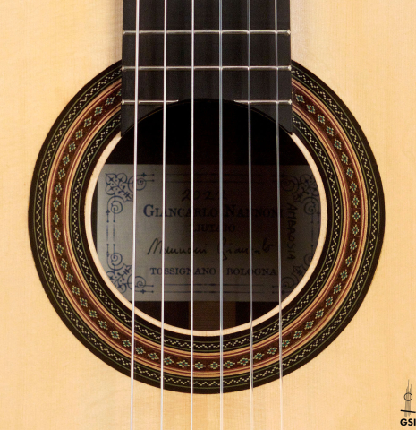 The rosette of a 2022 Giancarlo Nannoni "Ambrosia" Classical Guitar made of Spruce and Indian rosewood