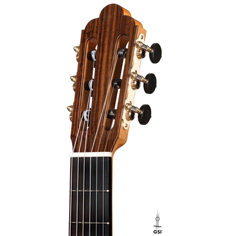 The headstock of a 2022 Giancarlo Nannoni &quot;Ambrosia&quot; Classical Guitar made of Spruce and Indian rosewood