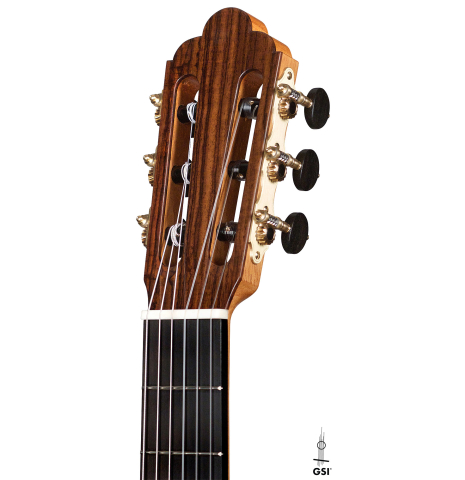 The headstock of a 2022 Giancarlo Nannoni "Ambrosia" Classical Guitar made of Spruce and Indian rosewood