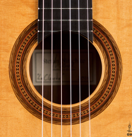 The rosette of a 2021 Stefan Nitschke "Hauser" classical guitar made with spruce and CSA rosewood