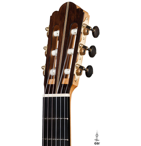 The headstock of a 2021 Stefan Nitschke "Hauser" classical guitar made with spruce and CSA rosewood