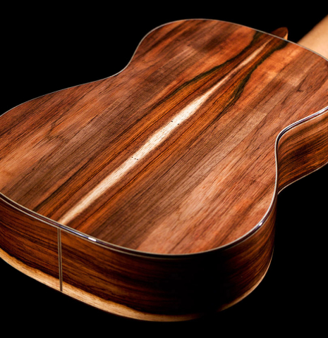 The back and sides of a 2021 Stefan Nitschke "Hauser" classical guitar made with spruce and CSA rosewood