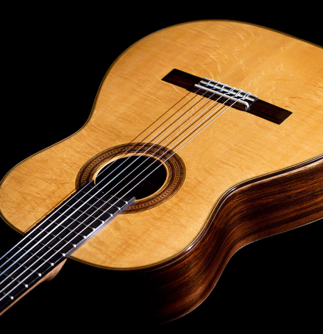 The soundboard of a 2021 Stefan Nitschke "Hauser" classical guitar made with spruce and CSA rosewood