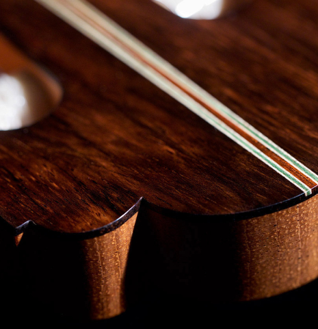 The headstock inlay work of a 2021 Stefan Nitschke "Hauser" classical guitar made with spruce and CSA rosewood