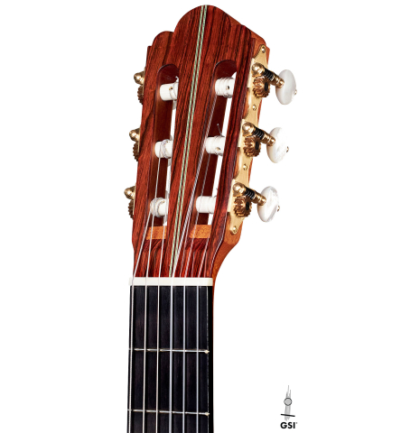 The headstock and machine heads of a 2022 Stefan Nitschke "Hauser" classical guitar made with spruce and CSA rosewood